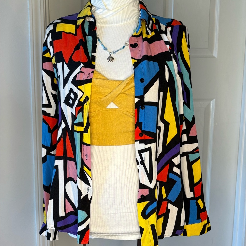 VTG Big Dart Retro Pop Art 90's Button Up Shirt Y2K Geo Print Colorful Tunic Top